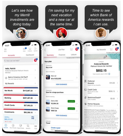 Mobile app user: Let's see how my Merrill investments are doing today. I'm saving for my next vacation and a new car at the same time. Time to see which Bank of America rewards I can use.