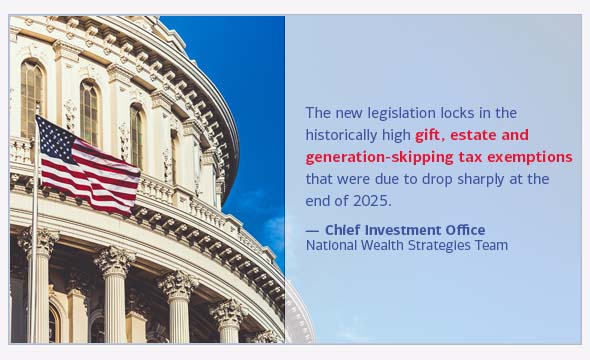 The new legislation locks in the historically high gift, estate and generation-skipping tax exemptions that were due to drop sharply at the end of 2025. Chief Investment Office, National Wealth Strategies Team.