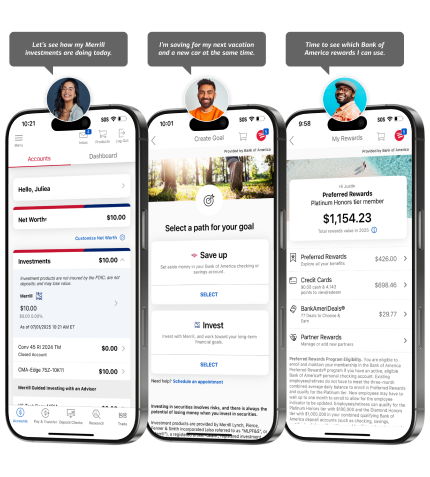 Mobile app user: Let's see how my Merrill investments are doing today. I'm saving for my next vacation and a new car at the same time. Time to see which Bank of America rewards I can use.