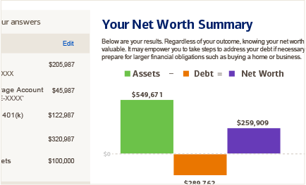 A screen displaying an example of new worth summary results
